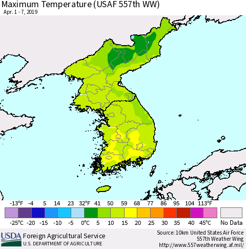 Korea Mean Maximum Temperature (USAF 557th WW) Thematic Map For 4/1/2019 - 4/7/2019
