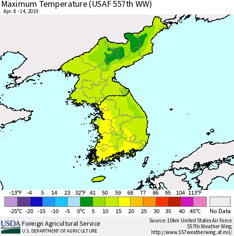 Korea Mean Maximum Temperature (USAF 557th WW) Thematic Map For 4/8/2019 - 4/14/2019