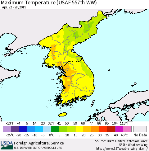 Korea Mean Maximum Temperature (USAF 557th WW) Thematic Map For 4/22/2019 - 4/28/2019