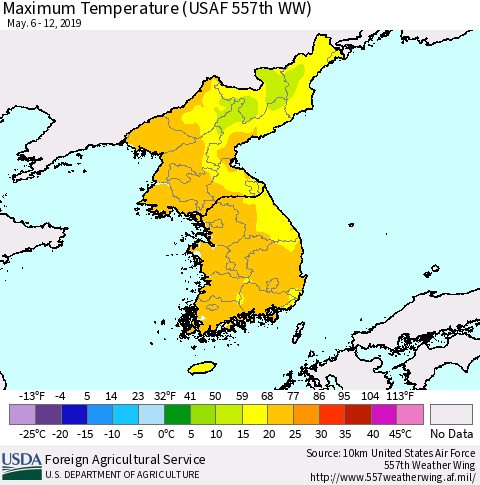 Korea Mean Maximum Temperature (USAF 557th WW) Thematic Map For 5/6/2019 - 5/12/2019