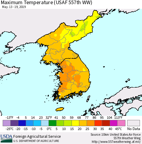 Korea Mean Maximum Temperature (USAF 557th WW) Thematic Map For 5/13/2019 - 5/19/2019