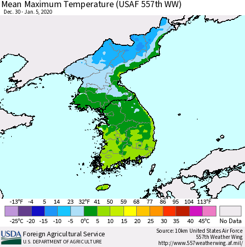 Korea Mean Maximum Temperature (USAF 557th WW) Thematic Map For 12/30/2019 - 1/5/2020