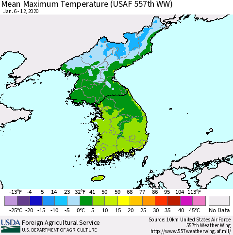 Korea Mean Maximum Temperature (USAF 557th WW) Thematic Map For 1/6/2020 - 1/12/2020