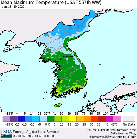 Korea Mean Maximum Temperature (USAF 557th WW) Thematic Map For 1/13/2020 - 1/19/2020