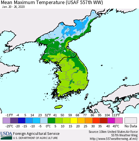 Korea Mean Maximum Temperature (USAF 557th WW) Thematic Map For 1/20/2020 - 1/26/2020