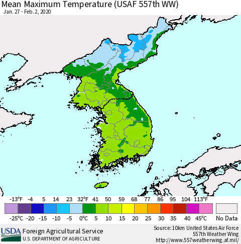 Korea Mean Maximum Temperature (USAF 557th WW) Thematic Map For 1/27/2020 - 2/2/2020
