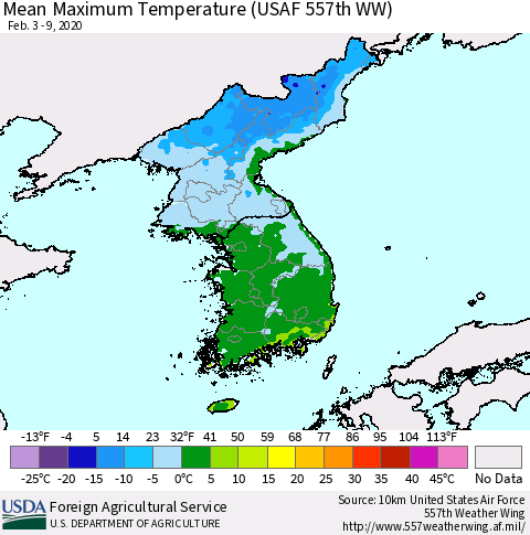 Korea Mean Maximum Temperature (USAF 557th WW) Thematic Map For 2/3/2020 - 2/9/2020
