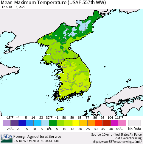 Korea Mean Maximum Temperature (USAF 557th WW) Thematic Map For 2/10/2020 - 2/16/2020