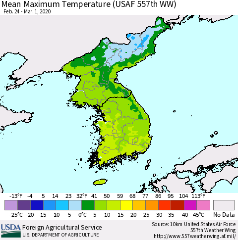 Korea Mean Maximum Temperature (USAF 557th WW) Thematic Map For 2/24/2020 - 3/1/2020