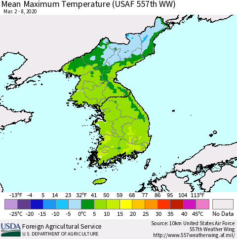 Korea Mean Maximum Temperature (USAF 557th WW) Thematic Map For 3/2/2020 - 3/8/2020