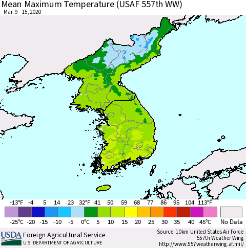 Korea Mean Maximum Temperature (USAF 557th WW) Thematic Map For 3/9/2020 - 3/15/2020