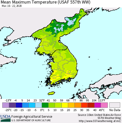 Korea Mean Maximum Temperature (USAF 557th WW) Thematic Map For 3/16/2020 - 3/22/2020