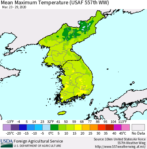 Korea Mean Maximum Temperature (USAF 557th WW) Thematic Map For 3/23/2020 - 3/29/2020