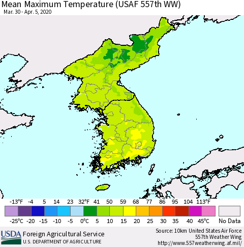 Korea Mean Maximum Temperature (USAF 557th WW) Thematic Map For 3/30/2020 - 4/5/2020