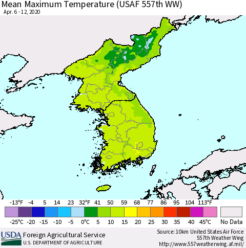 Korea Mean Maximum Temperature (USAF 557th WW) Thematic Map For 4/6/2020 - 4/12/2020