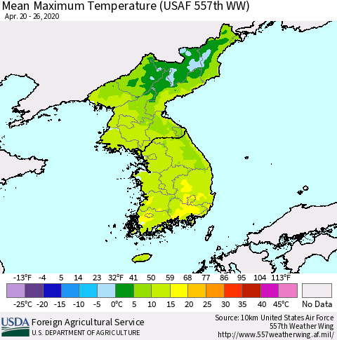 Korea Mean Maximum Temperature (USAF 557th WW) Thematic Map For 4/20/2020 - 4/26/2020