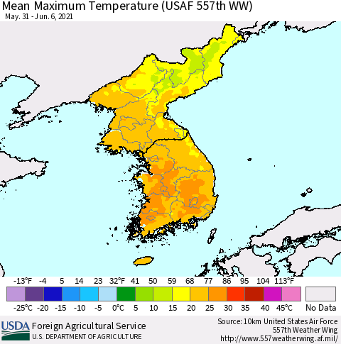 Korea Mean Maximum Temperature (USAF 557th WW) Thematic Map For 5/31/2021 - 6/6/2021