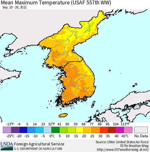 Korea Mean Maximum Temperature (USAF 557th WW) Thematic Map For 9/20/2021 - 9/26/2021