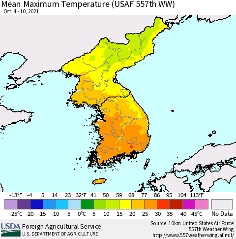 Korea Mean Maximum Temperature (USAF 557th WW) Thematic Map For 10/4/2021 - 10/10/2021