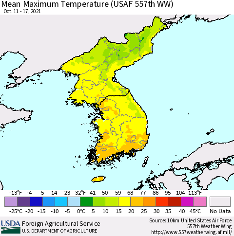 Korea Mean Maximum Temperature (USAF 557th WW) Thematic Map For 10/11/2021 - 10/17/2021