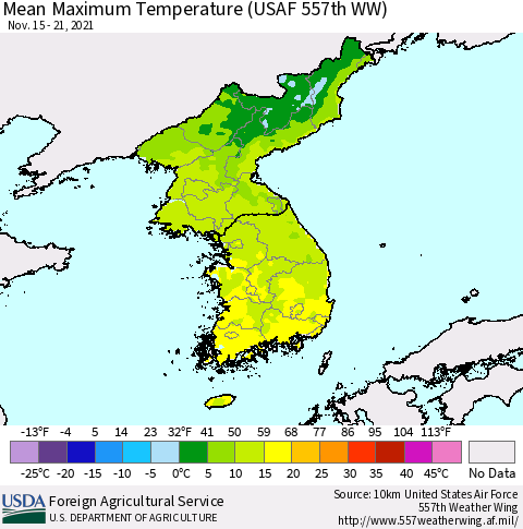 Korea Mean Maximum Temperature (USAF 557th WW) Thematic Map For 11/15/2021 - 11/21/2021