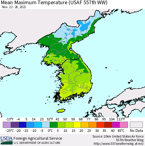 Korea Mean Maximum Temperature (USAF 557th WW) Thematic Map For 11/22/2021 - 11/28/2021