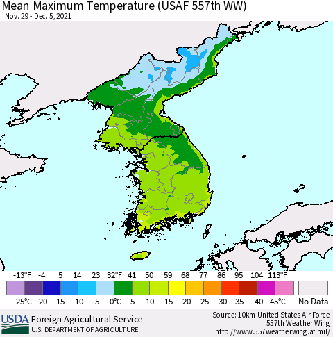 Korea Mean Maximum Temperature (USAF 557th WW) Thematic Map For 11/29/2021 - 12/5/2021