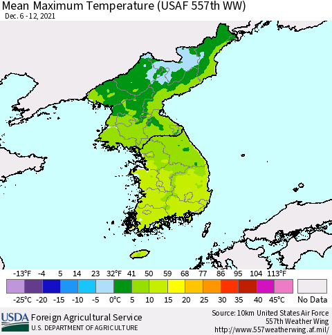 Korea Mean Maximum Temperature (USAF 557th WW) Thematic Map For 12/6/2021 - 12/12/2021