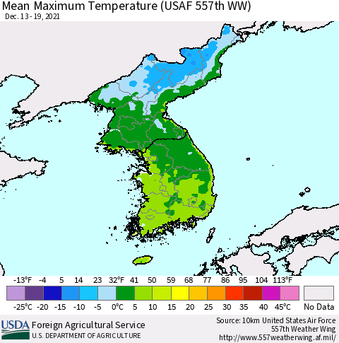 Korea Mean Maximum Temperature (USAF 557th WW) Thematic Map For 12/13/2021 - 12/19/2021
