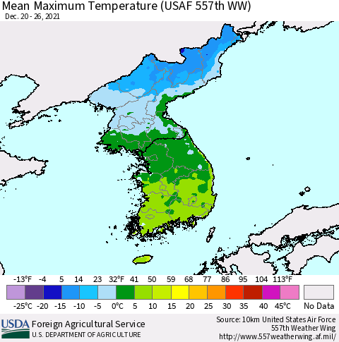 Korea Mean Maximum Temperature (USAF 557th WW) Thematic Map For 12/20/2021 - 12/26/2021