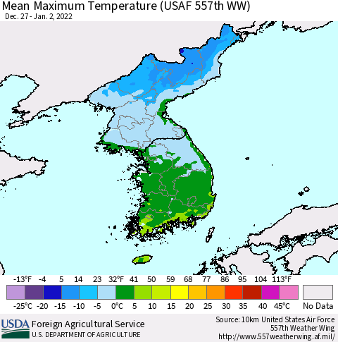 Korea Mean Maximum Temperature (USAF 557th WW) Thematic Map For 12/27/2021 - 1/2/2022