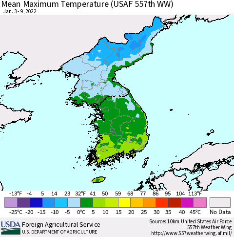 Korea Mean Maximum Temperature (USAF 557th WW) Thematic Map For 1/3/2022 - 1/9/2022