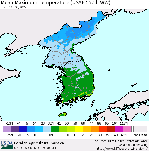 Korea Mean Maximum Temperature (USAF 557th WW) Thematic Map For 1/10/2022 - 1/16/2022