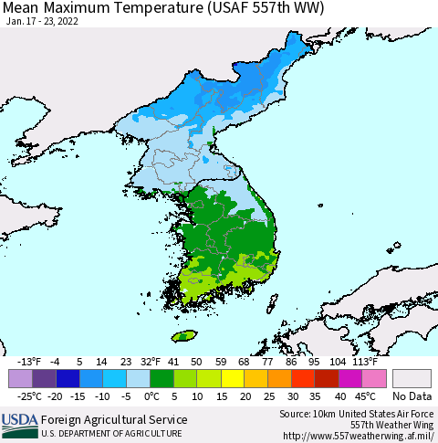 Korea Mean Maximum Temperature (USAF 557th WW) Thematic Map For 1/17/2022 - 1/23/2022