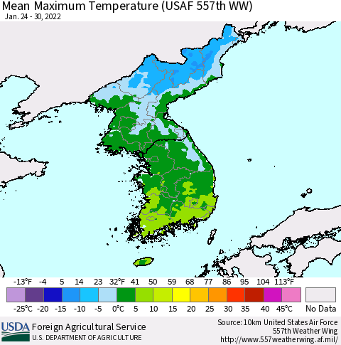 Korea Mean Maximum Temperature (USAF 557th WW) Thematic Map For 1/24/2022 - 1/30/2022