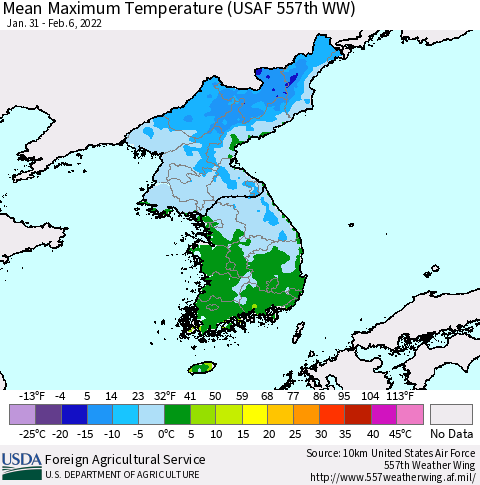 Korea Mean Maximum Temperature (USAF 557th WW) Thematic Map For 1/31/2022 - 2/6/2022