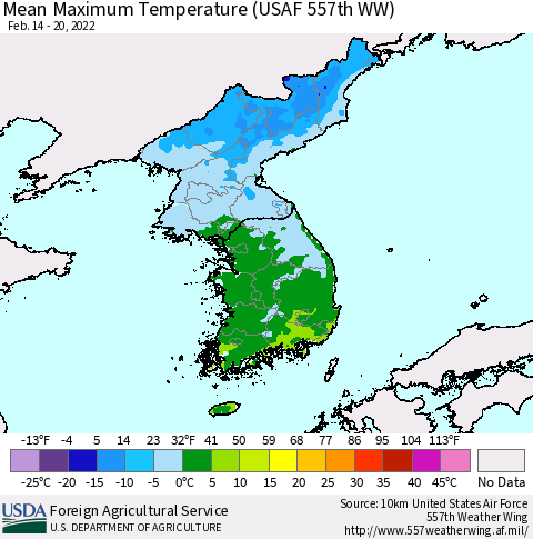 Korea Mean Maximum Temperature (USAF 557th WW) Thematic Map For 2/14/2022 - 2/20/2022