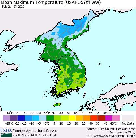 Korea Mean Maximum Temperature (USAF 557th WW) Thematic Map For 2/21/2022 - 2/27/2022