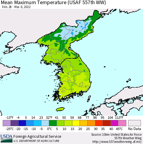 Korea Mean Maximum Temperature (USAF 557th WW) Thematic Map For 2/28/2022 - 3/6/2022