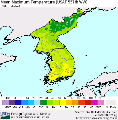 Korea Mean Maximum Temperature (USAF 557th WW) Thematic Map For 3/7/2022 - 3/13/2022