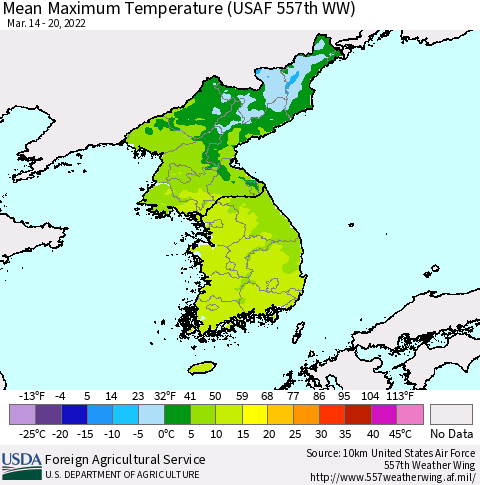 Korea Mean Maximum Temperature (USAF 557th WW) Thematic Map For 3/14/2022 - 3/20/2022
