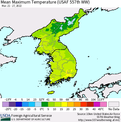 Korea Mean Maximum Temperature (USAF 557th WW) Thematic Map For 3/21/2022 - 3/27/2022
