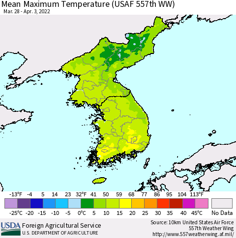 Korea Mean Maximum Temperature (USAF 557th WW) Thematic Map For 3/28/2022 - 4/3/2022