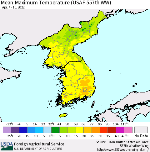 Korea Mean Maximum Temperature (USAF 557th WW) Thematic Map For 4/4/2022 - 4/10/2022