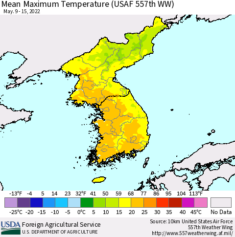 Korea Mean Maximum Temperature (USAF 557th WW) Thematic Map For 5/9/2022 - 5/15/2022