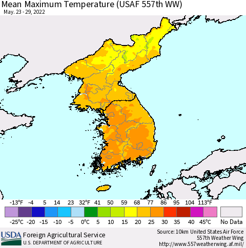 Korea Mean Maximum Temperature (USAF 557th WW) Thematic Map For 5/23/2022 - 5/29/2022