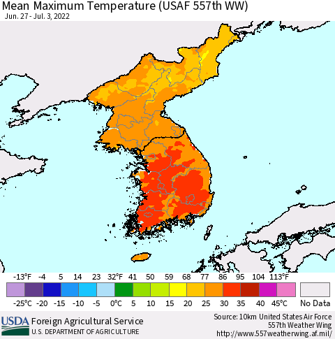 Korea Mean Maximum Temperature (USAF 557th WW) Thematic Map For 6/27/2022 - 7/3/2022