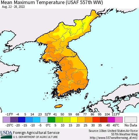 Korea Mean Maximum Temperature (USAF 557th WW) Thematic Map For 8/22/2022 - 8/28/2022