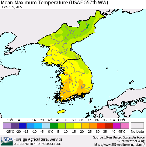Korea Mean Maximum Temperature (USAF 557th WW) Thematic Map For 10/3/2022 - 10/9/2022