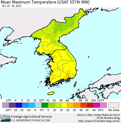 Korea Mean Maximum Temperature (USAF 557th WW) Thematic Map For 10/10/2022 - 10/16/2022
